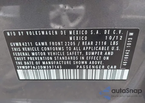 2013 Volkswagen Jetta Se from USA, damaged, VIN 3VWDP7AJ2DM397143